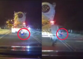 TANGKAP layar rakaman dashcam menunjukkan seorang kanak-kanak melintas secara tiba-tiba di Jalan Seremban-Kuala Pilah dekat Terachi sebelum diselamatkan orang awam semalam.