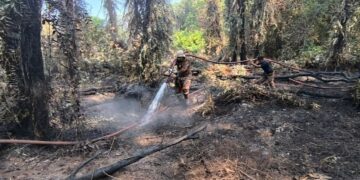 PASUKAN Bomba ketika dalam operasi memadamkan kebakaran tanah gambut di Jalan Pantai berhampiran sebuah taman rekreasi di Port Dickson baru-baru ini. - GAMBAR/IHSAN BOMBA