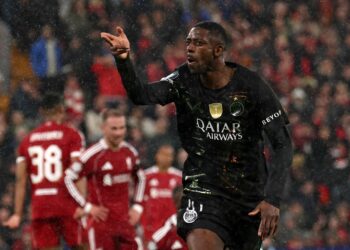 PENYERANG PSG,Ousmane Dembele meledak dua gol ketika aksi timbal balik suku akhir Liga Juara-Juara Eropah menentang Liverpool di Anfield-AFP