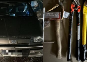 KERETA dan peralatan yang dipercayai digunakan dalam kegiatan pecah masuk pencawang pemancar telekomunikasi di Nilai Spring, Villa Desa Casia, Bandar Baru Nilai, Seremban, semalam - GAMBAR/IHSAN POLIS