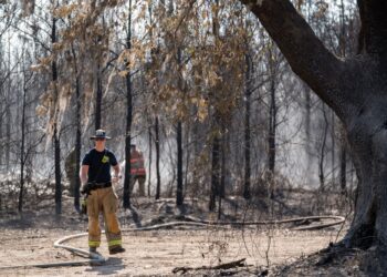 ANGGOTA bomba memadamkan titik panas daripada kebakaran di Lebuhraya 82 di Atkinson, Georgia.- AFP