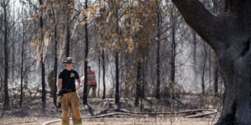 ANGGOTA bomba memadamkan titik panas daripada kebakaran di Lebuhraya 82 di Atkinson, Georgia.- AFP