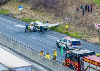 SEBUAH pesawat kecil terpaksa mendarat di sebuah lebuh raya kerana masalah enjin. - LV Fire Scene