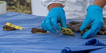 PAKAR forensik menyusun dan melabel serpihan tulang semasa pencarian sisa manusia berhampiran Tasik Chalco di daerah Tláhuac, Mexico City. - AFP