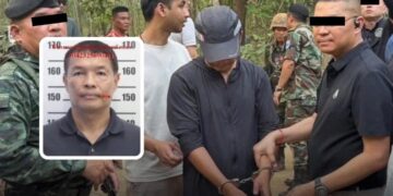 VIROJ Ketumanee salah seorang suspek cubaan bunuh Ahli Parlimen Narathiwat ditahan pihak berkuasa semasa berada dilintasan sempadan Thailand-Myanmar di Moo 9, Mukim Nong Lu, Sangkhlaburi, Thailand hari ini.