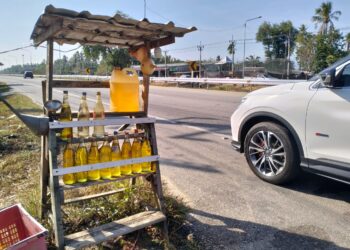 ANTARA gerai yang masih bertahan dengan menjual minyak seludup dari Malaysia semasa Utusan Malaysia melakukan tinjauan di Jalan Sungai Golok-Takbai, Narathiwat, Thailand. - UTUSAN/ROHANA ISMAIL