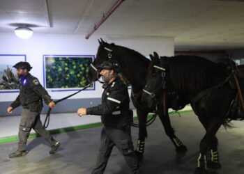 ANGGOTA polis berkuda berlindung di pusat perlindungan bawah tanah di Tel Aviv semalam. - AFP