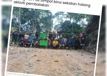 KERATAN laporan masyarakat Orang Asli di Pos Simpor membina sekatan di simpang Bereglag, Gua Musang, Kelantan bagi menghalang  aktiviti pembalakan.
