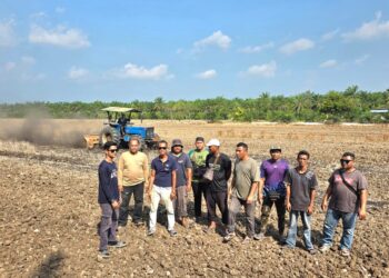 PESAWAH membajak tanah untuk tanaman padi musim baharu di Chenderong Balai di Pasir Salak pada tinjauan semalam. - UTUSAN/AIN SAFRE BIDIN