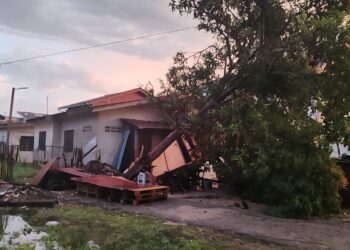 ANTARA kediaman yang rosak akibat ditimpa pokok dalam kejadian ribut di Kepala Batas, Pulau Pinang lewat petang tadi.-GAMBAR/MEDIA SOSIAL