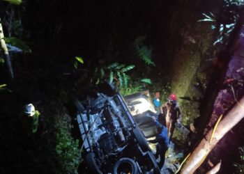 KEADAAN kereta yang jatuh gaung di Batu 21, Jalan Tapah menghala ke Cameron Highlands di Tapah semalam. - GAMBAR IHSAN JBPM PERAK