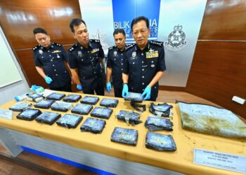 YAHAYA Othman (kanan) menunjukkan sebahagian dadah dipercayai jenis kokain yang ditemukan terdampar di Pantai Tanjung Gosong, Kuala Selangor, Pekan, Pahang. - UTUSAN/SHAIKH AHMAD RAZIF