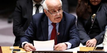 DUTA Palestin ke PBB, Riyad Mansour, berucap semasa mesyuarat Majlis Keselamatan PBB mengenai Asia Barat di ibu pejabat PBB di New York pada 18 Februari lalu.- AFP