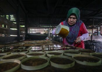 ESAH Adam menuang manisan yang masih panas ke dalam 'kerek' untuk disejukkan semasa proses pembuatan nisan kerek di Kampung Batangan, Marang, Terengganu. - UTUSAN/PUQTRA HAIRRY