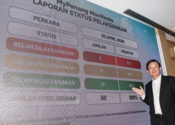 CHOW Kon Yeow menunjukkan papan pemuka MyPenang Manifesto ketika sidang akhbar di pejabatnya di George Town, Pulau Pinang hari ini.-UTUSAN/DANIAL SAAD
