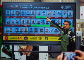 SANI Araby Abdul Alim menunjukkan 25 rakyat Malaysia yang telah ditahan oleh IOF tentera laut rejim zionis Israel pada sidang akhbar perkembangan terkini misi GSF 2.0 ke Gaza di SNCC, Sepang. - UTUSAN/FAISOL MUSTAFA