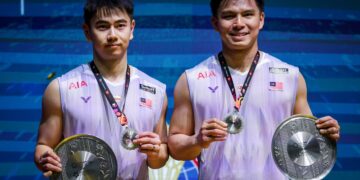 Goh Sze Fei-Nur Izzuddin terpaksa berpuas hati selaku naib juara Malaysia Masters 2026 di Unifi Arena, Bukit Jalil, Kuala Lumpur, hari ini- UTUSAN/IQBAL ROSLI