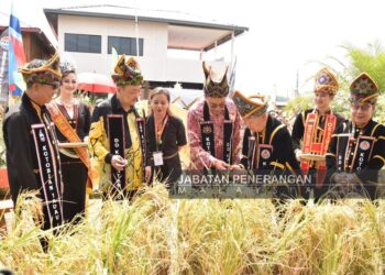 ANWAR Ibrahim memotong padi ketika merasmikan Pesta Kaamatan Peringkat Negeri Sabah 2026 bertempat di Hongkod Koisaan, Persatuan Kebudayaan Kadazandusun (KDCA), Kota Kinabalu, Sabah hari ini.- GAMBAR/JABATAN PENERANGAN SABAH