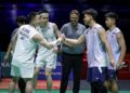 GOH Sze Fei-Nur Izzuddin Rumsani (dua dari kanan) menewaskan Aaron Chia-Soh Wooi Yik pada aksi separuh akhir Malaysia Masters di Unifi Arena, Bukit Jalil, hari ini. - UTUSAN/IQBAL ROSLI