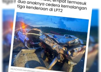KERATAN laporan Utusan Malaysia berhubung kemalangan maut melibatkan tiga buah kenderaan di Kilometer 291 Lebuhraya Pantai Timur 2 (LPT2), Kemaman, Terengganu.