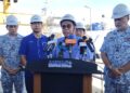 MOHAMED Khaled Nordin dalam sidang akhbar semasa lawatan kerja ke Lumut Naval Shipyard (LUNAS) di Pangkalan TLDM Lumut.