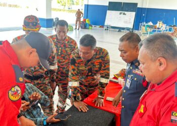 SABARODZI Nor Ahmad  (dua dari kanan) menyertai taklimat perancangan tindakan operasi bersama kapten pesawat untuk atur gerak pasukan penyelamat pendaki wanita yang dilaporkan hilang di Gunung Batu Putih, Tapah hari ini.