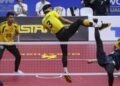 Aksi regu kebangsaan yang dibarisi Muhammad Noraizat Mohd. Nordin, Muhammad Haziq Hairul Nizam dan Farhan Adam menentang Jepun pada Kejohanan Piala Dunia 2026 di Stadium Titiwangsa, Kuala Lumpur, kelmarin. - UTUSAN/AMIR KHALID 