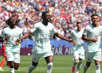 DEMBELE meraikan gol jaringannya ketika Perancis membenam Norway 4-1 di Stadium Boston.-AFP