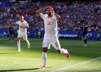 ISMAEL Saibari meraikan jaringan pada aksi Piala Dunia 2026 antara Maghribi menentang Scotland di di Stadium Gillette, awal pagi tadi.