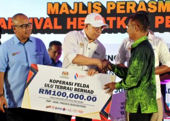 STEVEN Sim Chee Keong menyampaikan bantuan kewangan kepada wakil Koperasi Felda Ulu Tebrau Berhad sempena Karnival Hebatkan Perniagaan Malaysia di Johor BahrU hari ini.-UTUSAN/RAJA JAAFAR ALI.