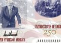 REKA bentuk pasport edisi terhad baharu AS memaparkan imej Trump berwajah serius di meja bersama tandatangannya, dengan latar teks Deklarasi Kemerdekaan.- AGENSI