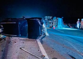KEADAAN kenderaan yang terlibat kemalangan di Kilometer 144.2 Lebuhraya Pantai Timur 1 (LPT1), Marang, Pahang. - IHSAN IPD MARAN