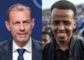 Presiden UEFA, Aleksander Ceferin (kiri) dan pengadil antarabangsa Somalia, Omar Abdulkadir Artan. UEFA melantik Artan mengadili aksi Piala Super UEFA antara Paris Saint-Germain (PSG) dan Aston Villa pada 12 Ogos ini selepas beliau terlepas peluang bertugas di Piala Dunia 2026 akibat larangan memasuki Amerika Syarikat. – AFP