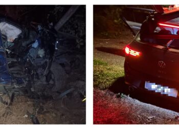 KEADAAN kereta yang dinaiki mangsa selepas dipercayai hilang kawalan lalu merempuh sebatang pokok di Kilometer 11, Jalan Bahau - Kemayan di  Jempol, Negeri Sembilan malam tadi.-GAMBAR / IHSAN POLIS