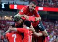 Mahmoud Hassan Trezeguet meraikan gol ketiga Mesir ketika membantu pasukan itu melakar kemenangan bersejarah 3-1 ke atas New Zealand dalam aksi Kumpulan G Piala Dunia 2026 di Stadium BC Place, Vancouver sekali gus menghidupkan peluang mara ke pusingan kalah mati. - AFP