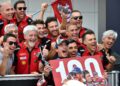 PELUMBA Ducati, Marc Marquez meraikan kemenangan ke-100 dalam karier perlumbaan motosikal dunia bersama pasukannya selepas menjuarai Grand Prix Hungary di Litar Balaton Park, semalam. - AFP