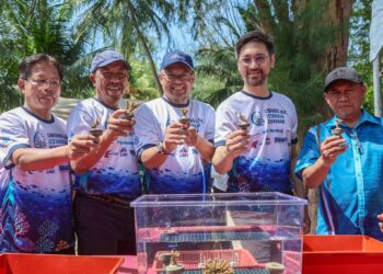 ADNAN Hussain (tengah) dan Ketua Pengarah Perhilitan, Datuk Abdul Khadir Abu Hashim (dua, dari kiri) memegang terumbu karang sebagai gimik perasmian semasa sambutan Hari Laut Sedunia  2026 di Pusat Taman Laut Pulau Redang, Kuala Nerus, Terengganu. 
– UTUSAN/PUQTRA HAIRRY