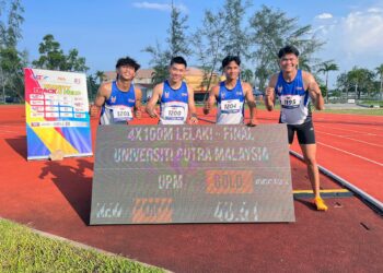 KUARTET 4X100 meter UPM dari kiri Mohammad Thaqif Mohammad  Hisham, Reeve Kua Man Hong, Muhammad Haziq Mohamad Akhir dan Elvin Yap Zhi Xian membuat kejutan dengan catatan masa 40.51 saat untuk memecahkan rekod sendiri di Varsity Track & Field 2026 Siri 2 di Universiti Sultan Zainal Abidin, Kuala Nerus, Terengganu, semalam.