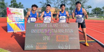 KUARTET 4X100 meter UPM dari kiri Mohammad Thaqif Mohammad  Hisham, Reeve Kua Man Hong, Muhammad Haziq Mohamad Akhir dan Elvin Yap Zhi Xian membuat kejutan dengan catatan masa 40.51 saat untuk memecahkan rekod sendiri di Varsity Track & Field 2026 Siri 2 di Universiti Sultan Zainal Abidin, Kuala Nerus, Terengganu, semalam.