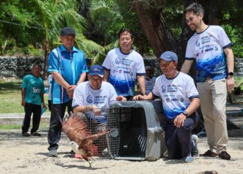 ADNAN Hussain (duduk, kiri) dan Ketua Pengarah Perhilitan, Datuk Abdul Khadir Abu Hashim (duduk, kanan) melepaskan burung helang merah sebagai gimik perasmian semasa sambutan Hari Laut Sedunia  2026 di Pusat Taman Laut Pulau Redang, Kuala Nerus, Terengganu. - UTUSAN/PUQTRA HAIRRY