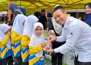 SHAIFUL Azhar Zolkipli mengagihkan buah-buahan tempatan kepada murid pada program Kempen Lebihkan Makan Buah-buahan Tempatan Peringkat Sekolah di SK Jalan Pegawai di Alor Setar.