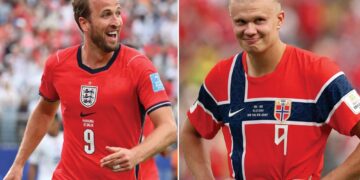 HARRY Kane dan Erling Haaland jadi penentu nasib England dan Norway di Piala Dunia.- AFP