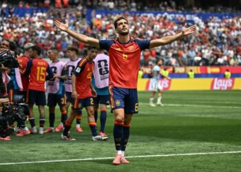 MIKEL Merino meledak gol kemenangan Sepanyol ketika menewaskan Belgium 2-1 di suku akhir Piala Dunia 2026.-AFP