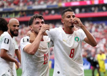 AZZEDINE Ounahi(kanan) meraikan jaringan bersama Brahim Diaz pada aksi pusingan 16 terbaik Piala Dunia 2026 menentang Kanada di Stadium Houston, sebentar tadi-AFP
