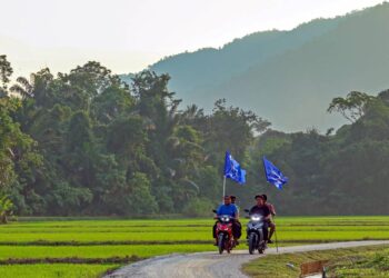 Penduduk kampung menunggang motosikal membawa bendera parti sambil menikmati waktu petang di kawasan jelapang padi ketika tinjauan di Kampung Budaya Terachi pada Pilihan Raya Negeri (PRN) Negeri Sembilan. -UTUSAN/ISKANDAR ISHAK