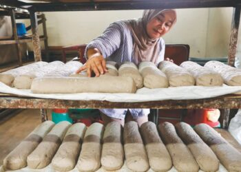 NORIZAN Mohd. Nor menghasilkan keropok badak di Kampung Alur Parit, Marang, Terengganu. – UTUSAN/PUQTRA HAIRRY