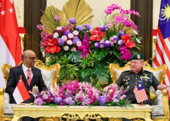 YANG di-Pertuan Agong, Sultan Ibrahim (kanan) bersama  Presiden Singapura, Tharman Shanmugaratnam dalam Istiadat Sambutan Negara Sempena Lawatan Negara Presiden Singapura di Istana Negara hari ini. FACEBOOK SULTAN IBRAHIM
