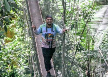 Pengunjung melalui jambatan dari aras antara lima hingga 30 meter dengan tanah di Titian Kanopi Seberang Ara hutan tropika Taman Negara Kuala Tahan di Jerantut, Pahang.