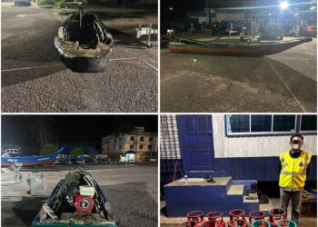 RAMPASAN tong gas LPG dan perahu yang dilakukan oleh PGA selepas melakukan serbuan di pangkalan haram Mekza, Simpangan, Tumpat, Kelantan.-IHSAN PGA.