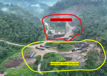 BULATAN yang bertanda warna kuning menunjukkan pelanggaran kegiatan melombong bijih besi di Mukim Kuala Nal, Batu Mengkebang, Kuala Krai, Kelantan.